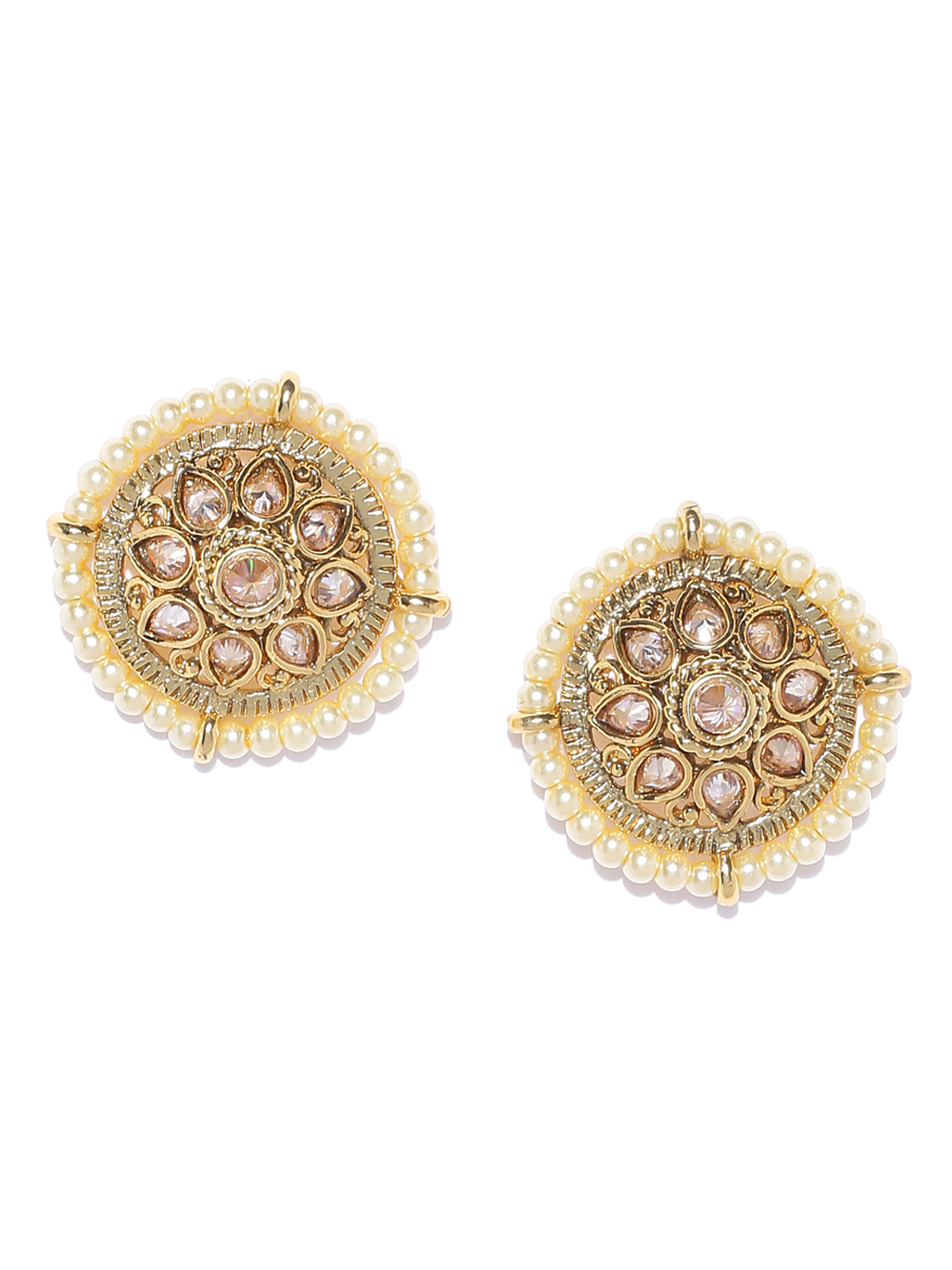 YouBella Antique Gold-Plated Off-White Stone-Studded Beaded Circular Studs