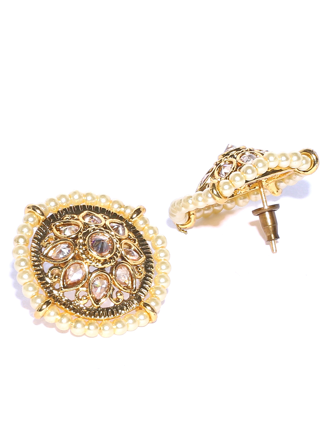 YouBella Antique Gold-Plated Off-White Stone-Studded Beaded Circular Studs