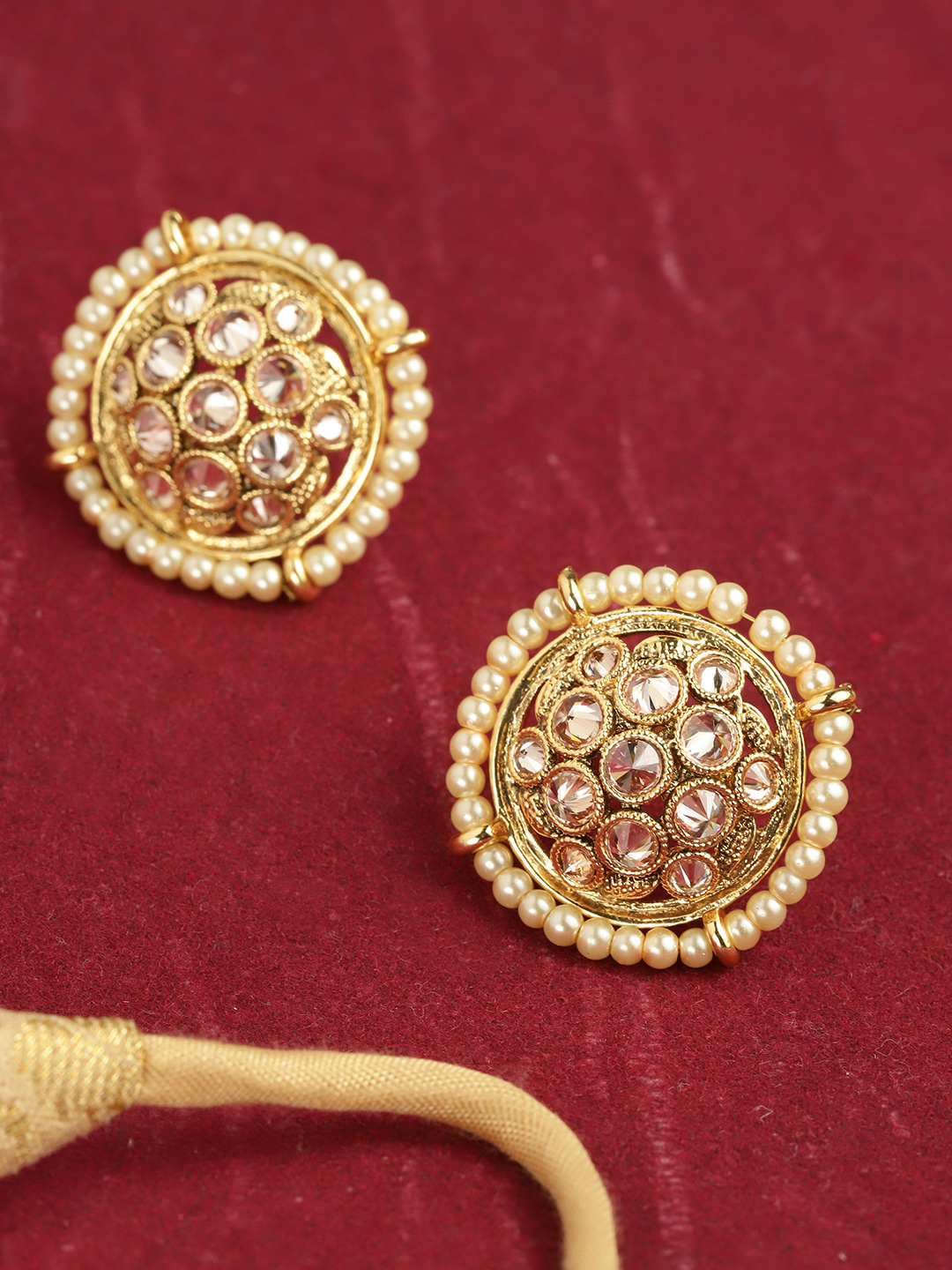 YouBella Off-White Gold-Plated Stone-Studded  Beaded Circular Oversized Studs