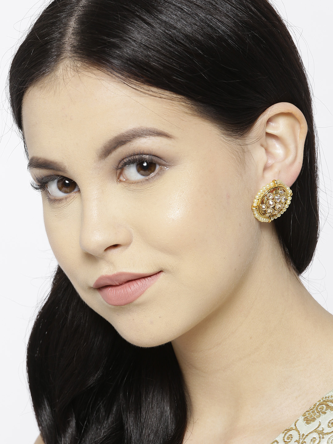 YouBella Off-White Gold-Plated Stone-Studded  Beaded Circular Oversized Studs