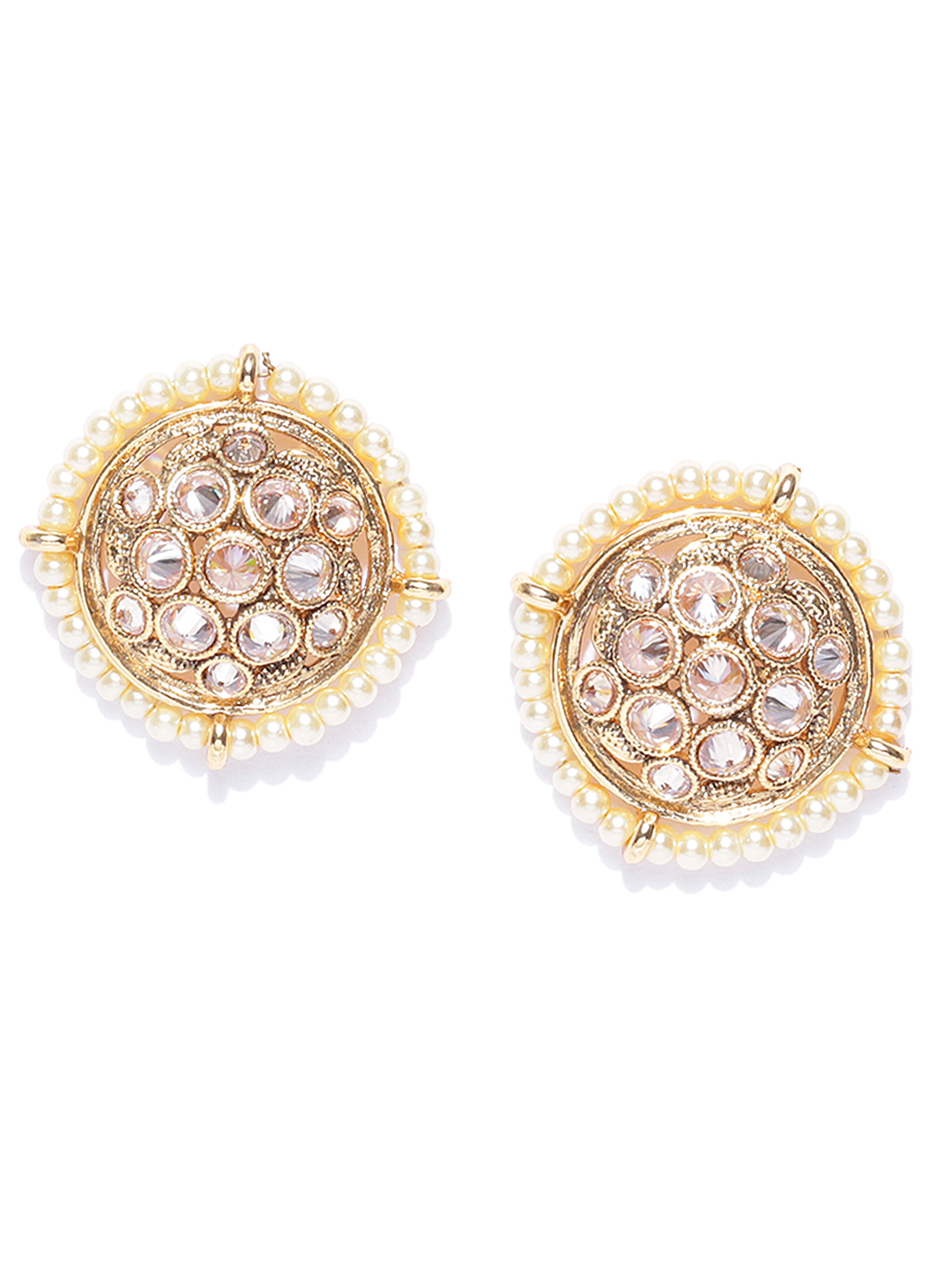 YouBella Off-White Gold-Plated Stone-Studded  Beaded Circular Oversized Studs