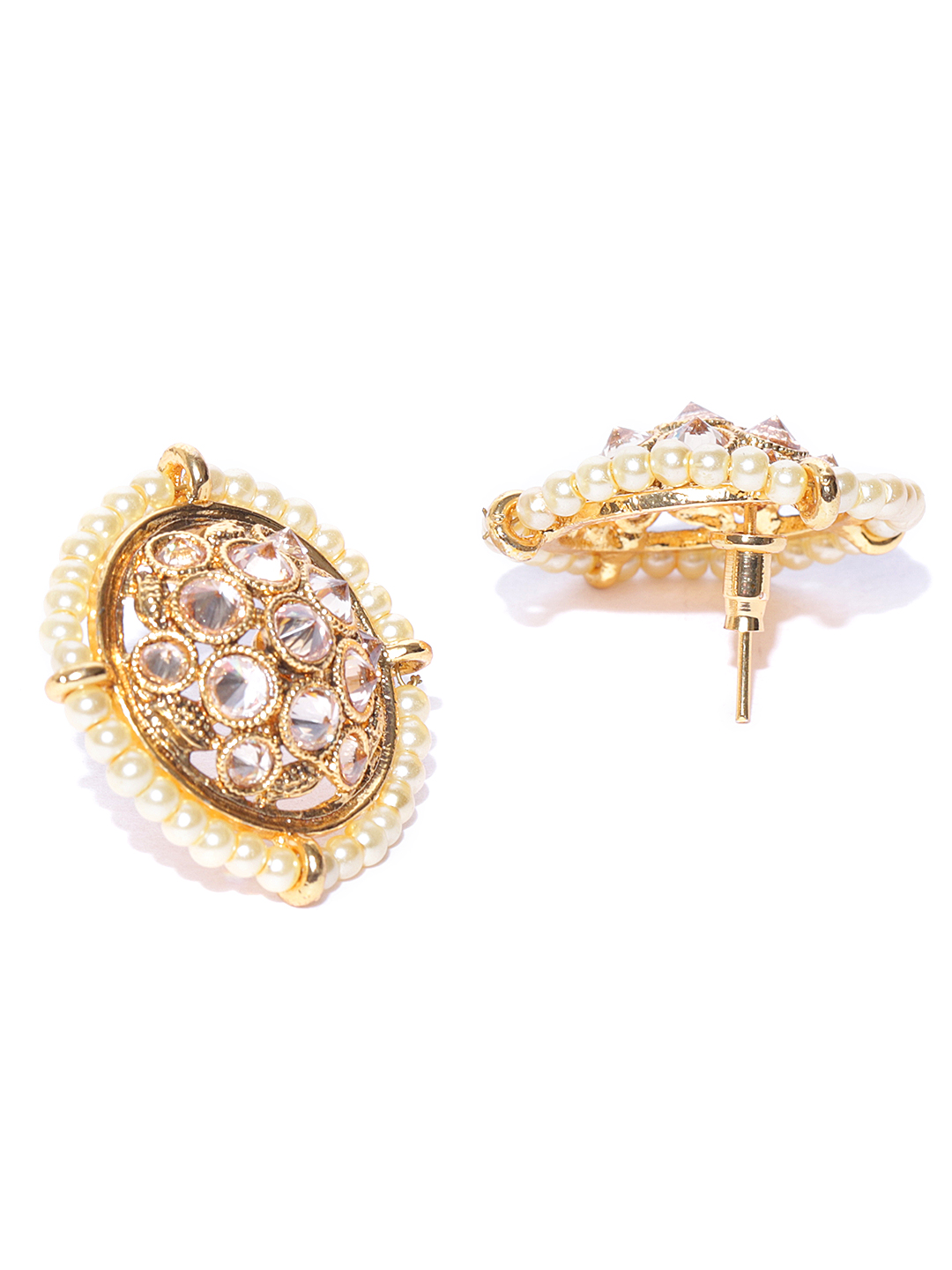 YouBella Off-White Gold-Plated Stone-Studded  Beaded Circular Oversized Studs