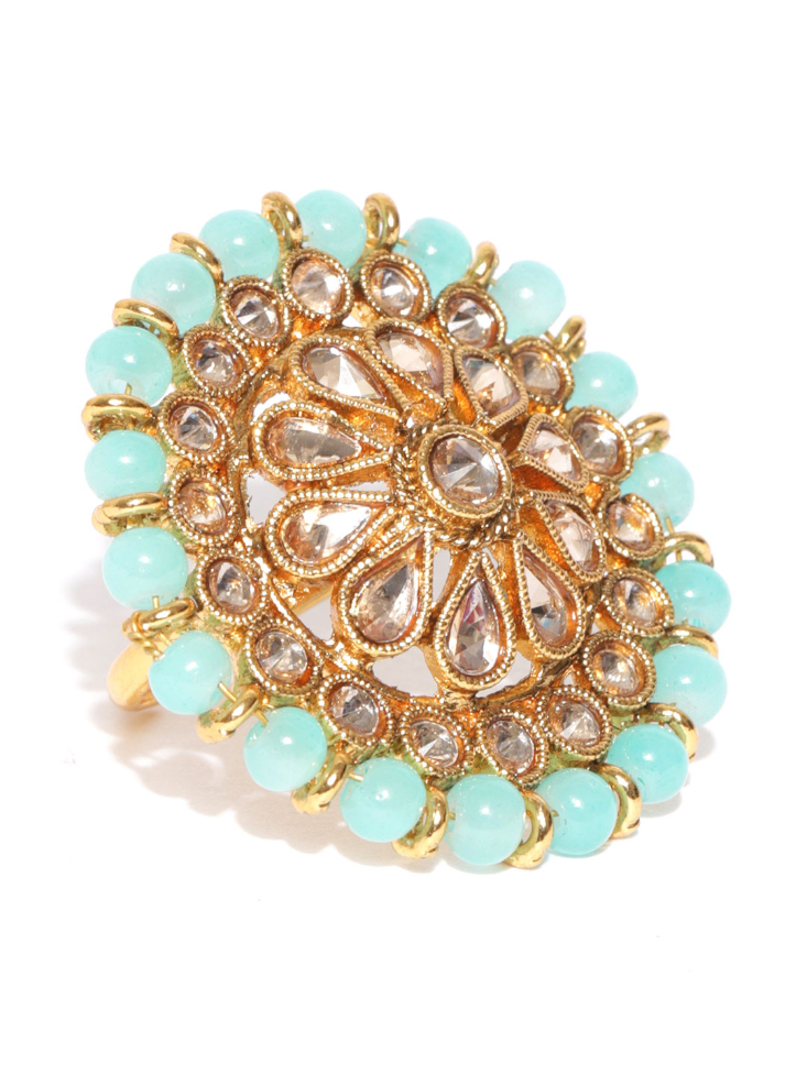 YouBella Women Turquoise Blue Gold-Plated Stone-Studded Floral Adjustable Ring