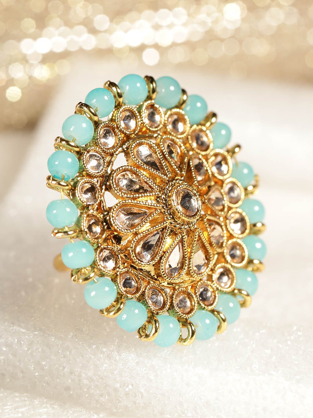 YouBella Women Turquoise Blue Gold-Plated Stone-Studded Floral Adjustable Ring
