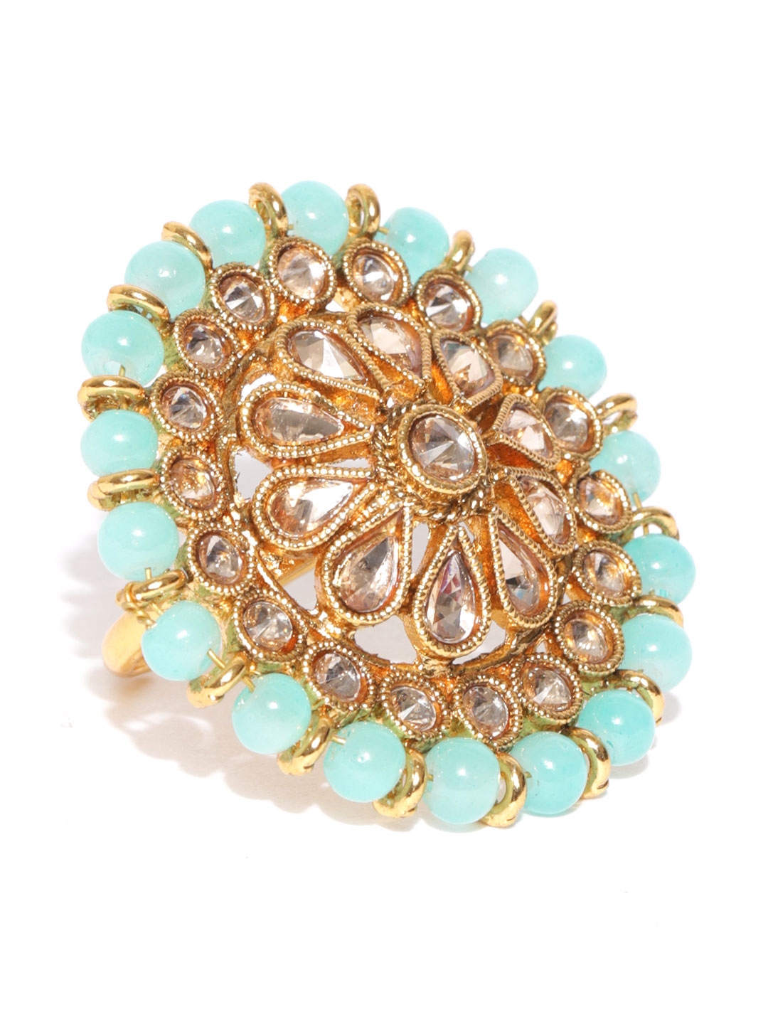 YouBella Women Turquoise Blue Gold-Plated Stone-Studded Floral Adjustable Ring