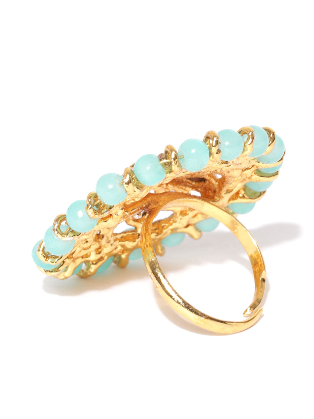 YouBella Women Turquoise Blue Gold-Plated Stone-Studded Floral Adjustable Ring