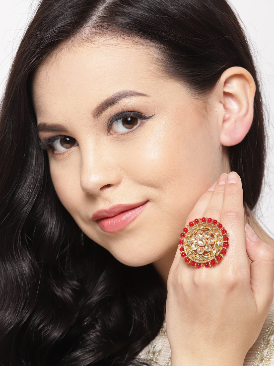 YouBella Red Gold-Plated Adjustable Finger Ring