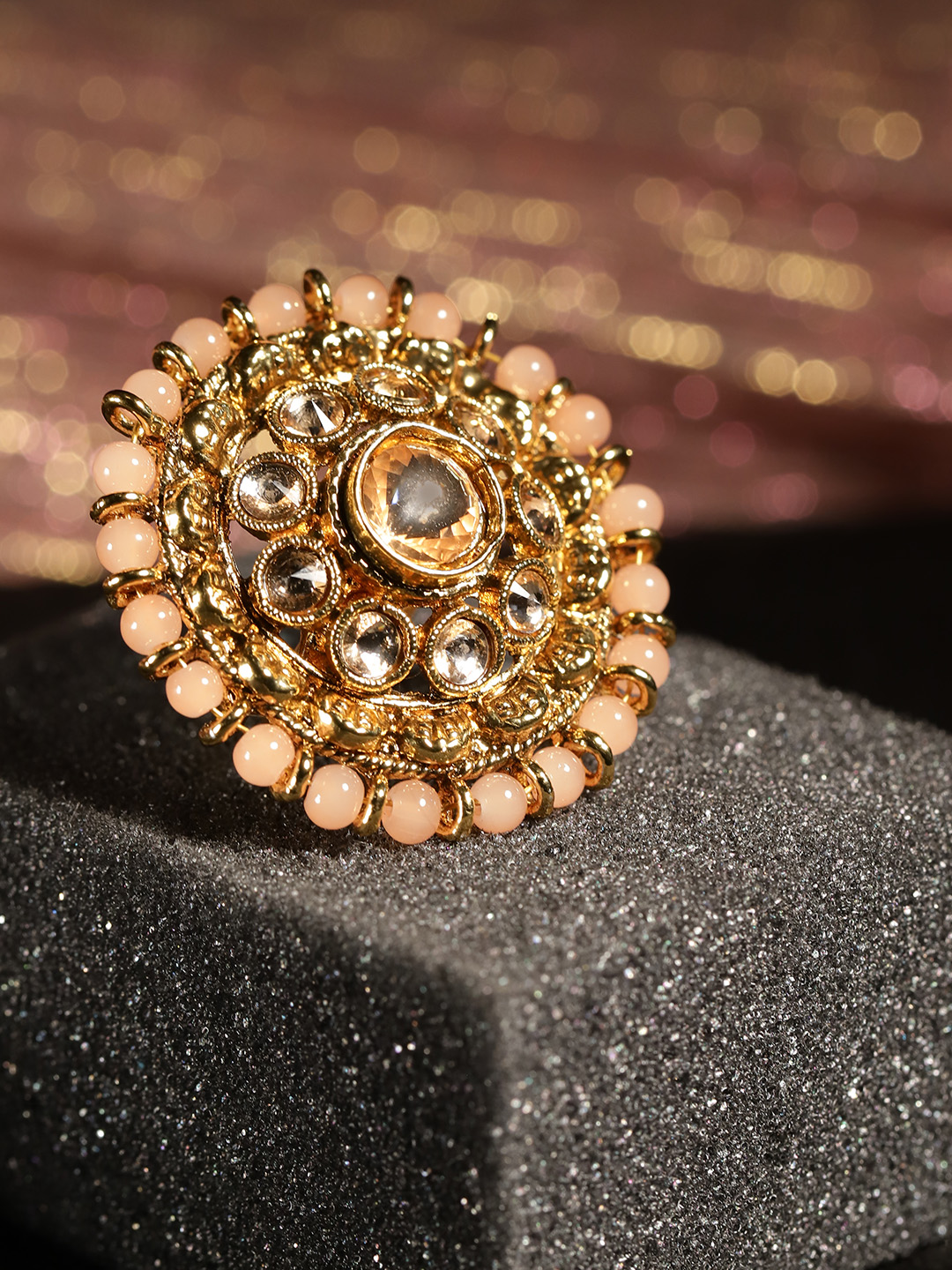 YouBella Peach-Coloured Gold-Plated Stone-Studded Adjustable Ring