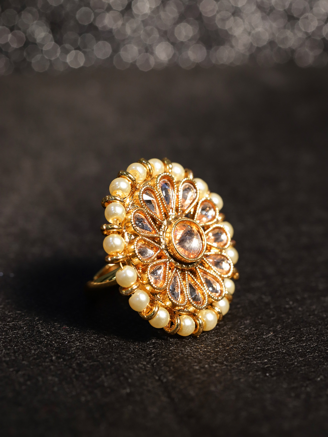 YouBella Off-White Gold-Plated Stone-Studded Floral Adjustable Ring