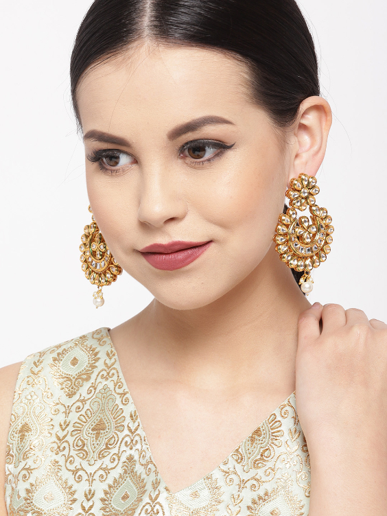 YouBella Gold-Plated Kundan-Studded Crescent-Shaped Chandbalis