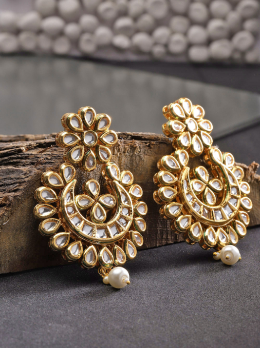 YouBella Gold-Plated Kundan-Studded Crescent-Shaped Chandbalis