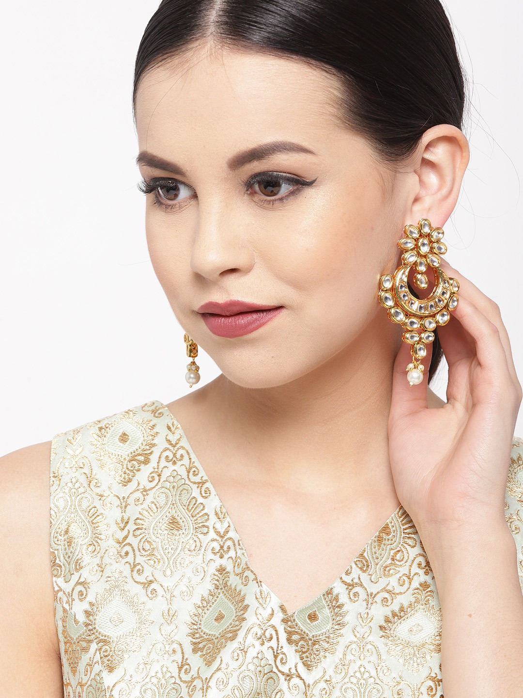 YouBella Gold-Plated Kundan-Studded Crescent Shaped Chandbalis