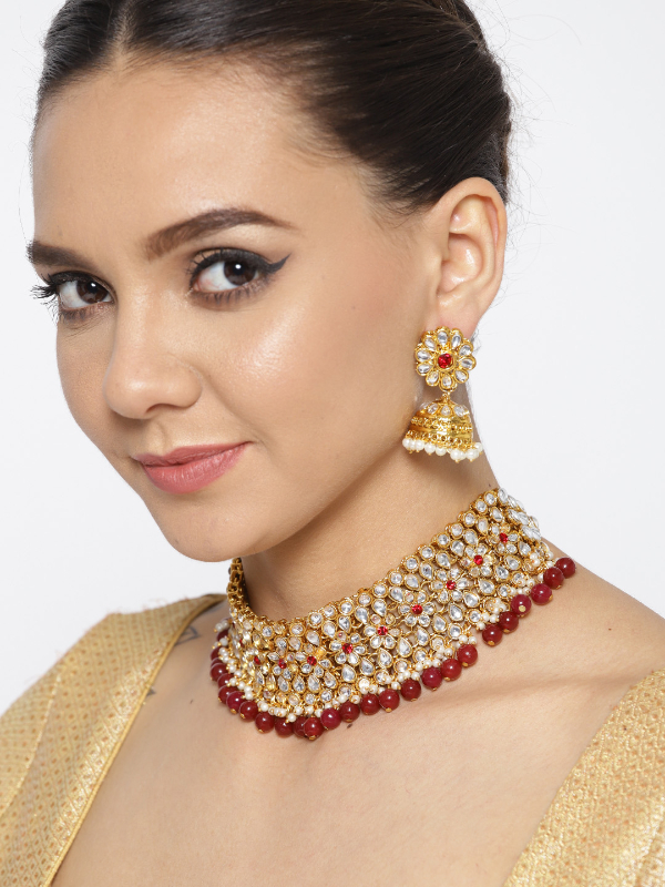 YouBella Maroon  Off-White Gold-Plated Stone-Studded Handcrafted Jewellery Set