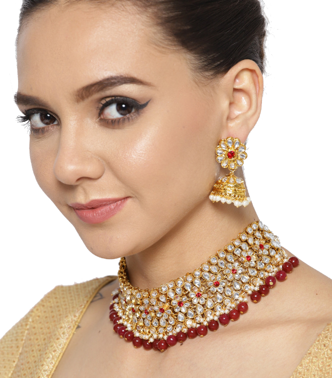 YouBella Maroon  Off-White Gold-Plated Stone-Studded Handcrafted Jewellery Set