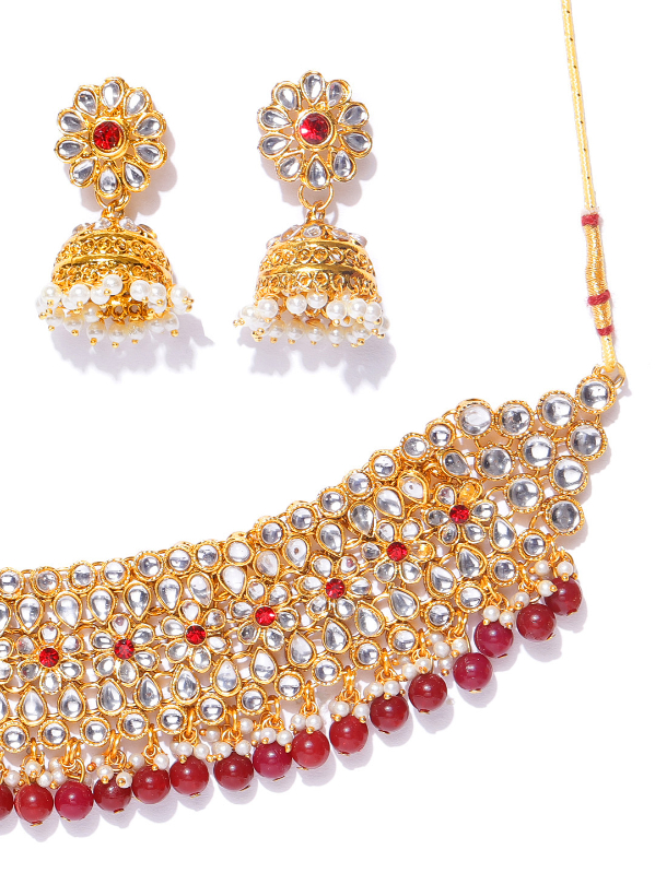 YouBella Maroon  Off-White Gold-Plated Stone-Studded Handcrafted Jewellery Set