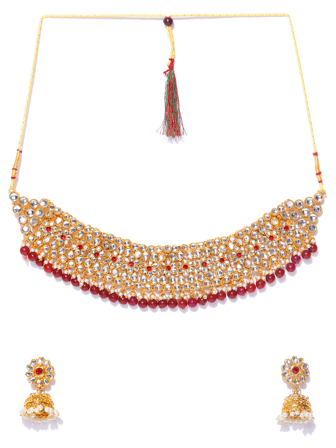 YouBella Maroon  Off-White Gold-Plated Stone-Studded Handcrafted Jewellery Set