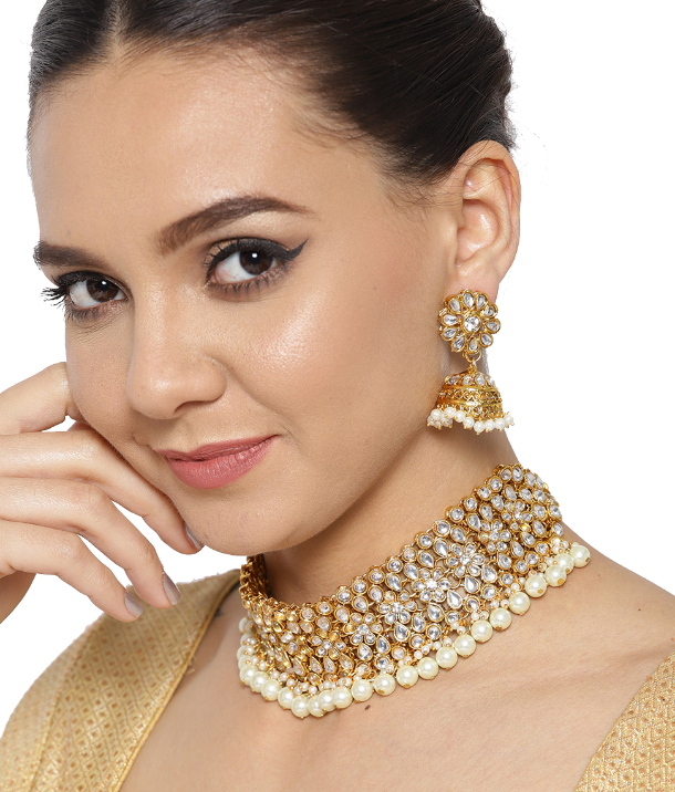 YouBella Off-White Gold-Plated Stone-Studded Handcrafted Jewellery Set
