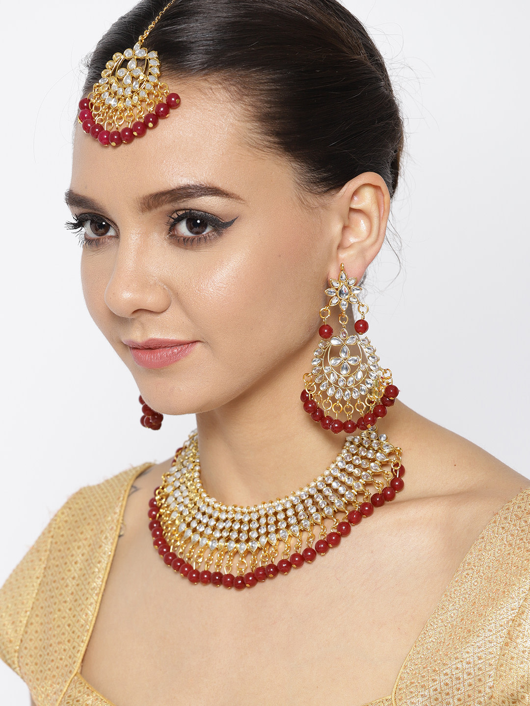 YouBella Maroon Gold-Plated Stone-Studded Handcrafted Jewellery Set