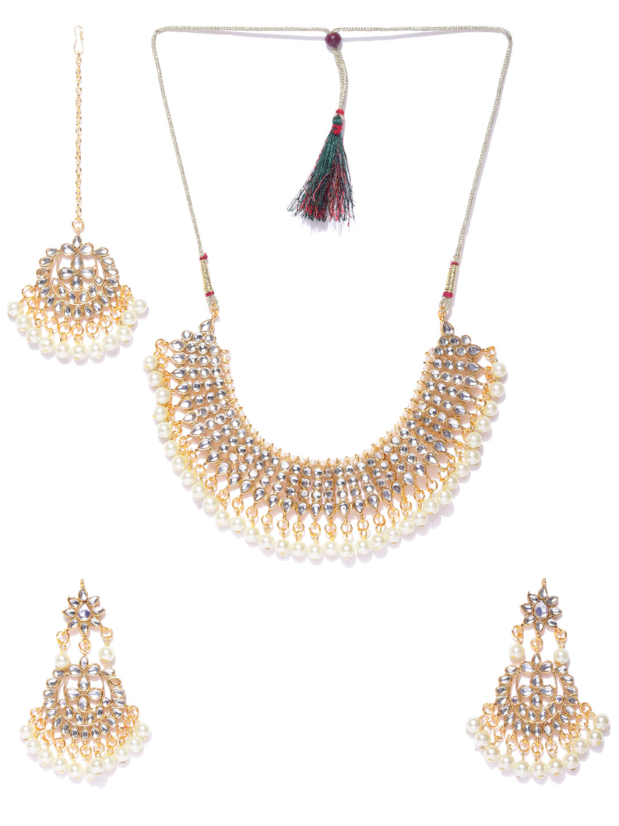 YouBella Cream-Coloured Gold-Plated Stone-Studded Handcrafted Jewellery Set