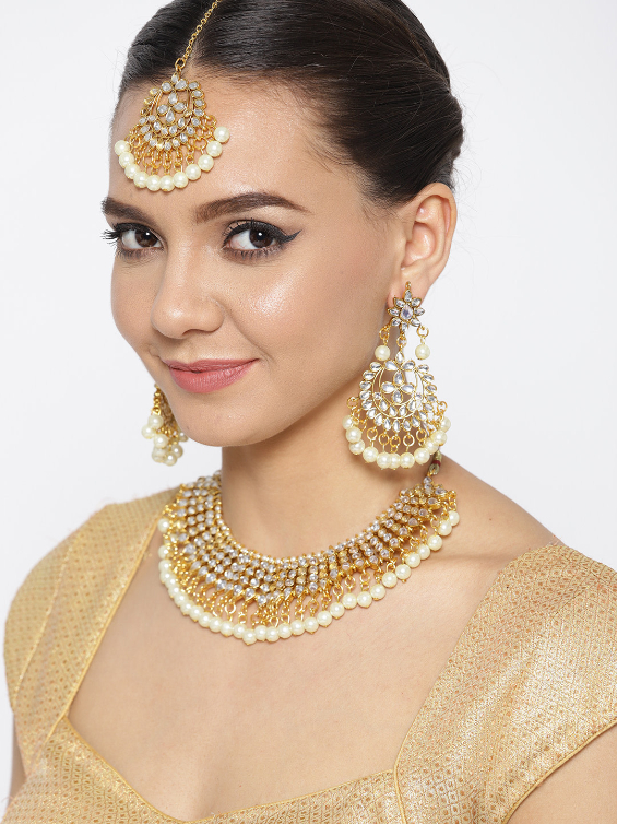 YouBella Cream-Coloured Gold-Plated Stone-Studded Handcrafted Jewellery Set