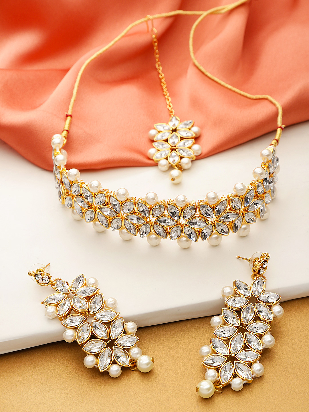 YouBella White Gold-Plated Stone-Studded Handcrafted Jewellery Set