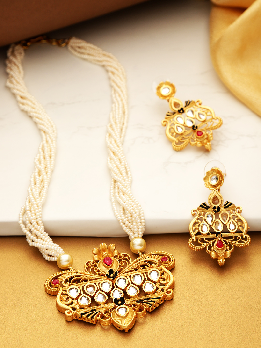 YouBella Off-White Gold-Plated Stone-Studded Enamelled Handcrafted Jewellery Set