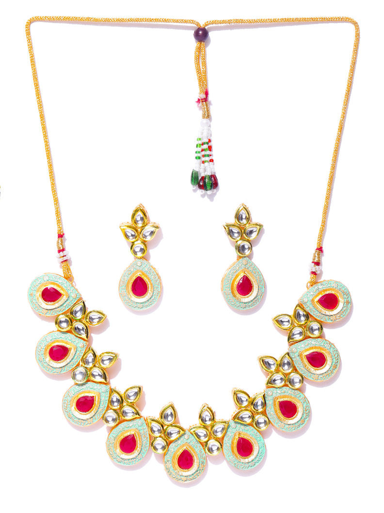 YouBella Sea Green  Pink Gold-Plated Enamelled Handcrafted Jewellery Set