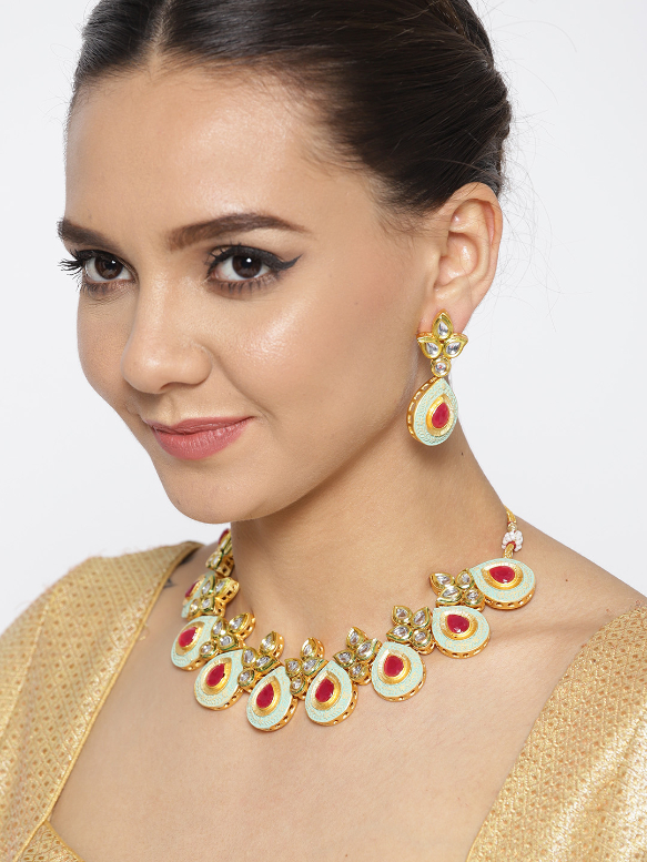 YouBella Sea Green  Pink Gold-Plated Enamelled Handcrafted Jewellery Set