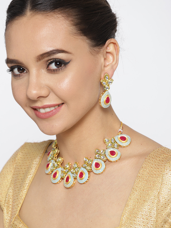 YouBella Blue  Pink Gold-Plated Enamelled Handcrafted Jewellery Set