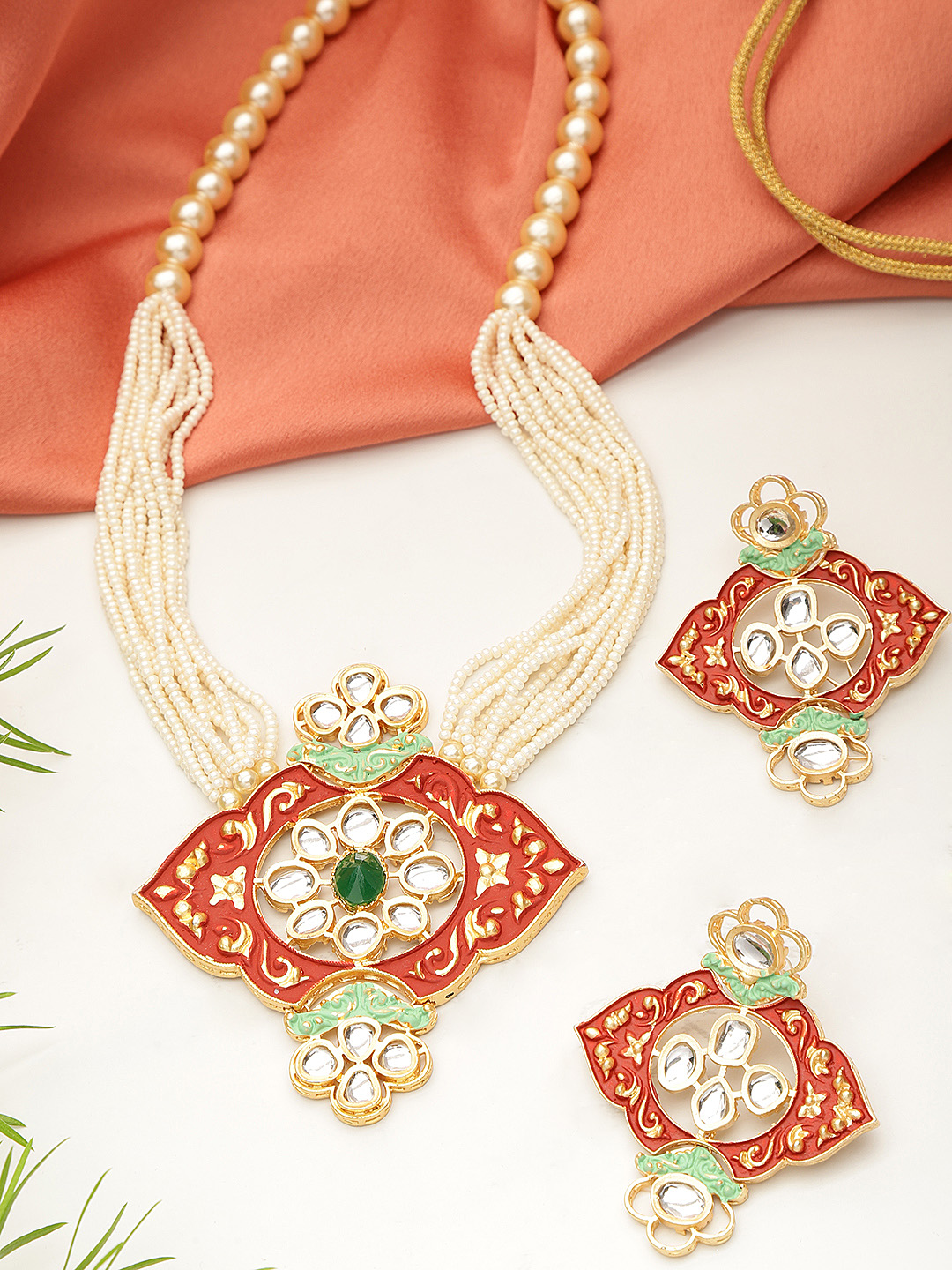 YouBella Off-White  Red Gold-Plated Beaded Enamelled Handcrafted Jewellery Set