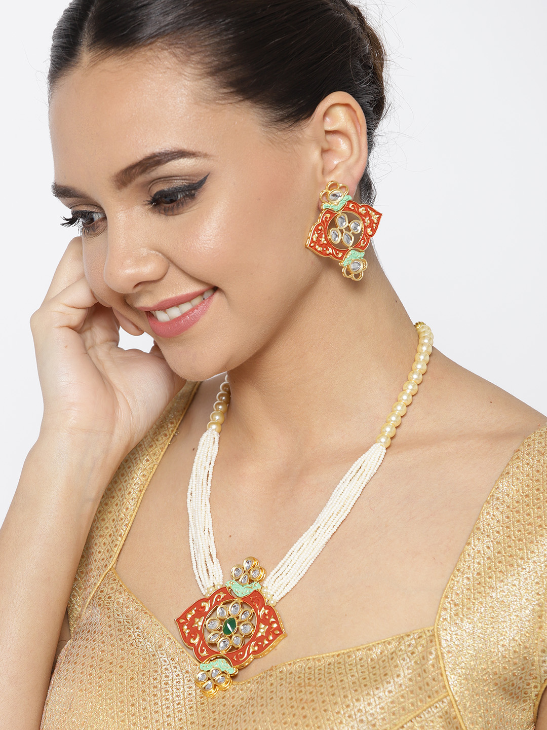 YouBella Off-White  Red Gold-Plated Beaded Enamelled Handcrafted Jewellery Set