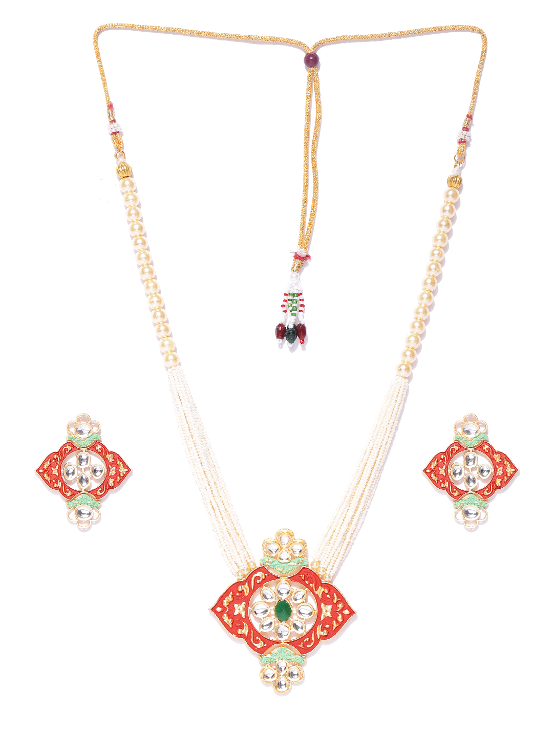 YouBella Off-White  Red Gold-Plated Beaded Enamelled Handcrafted Jewellery Set