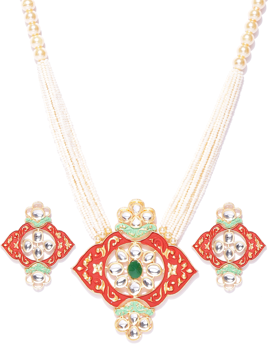 YouBella Off-White  Red Gold-Plated Beaded Enamelled Handcrafted Jewellery Set
