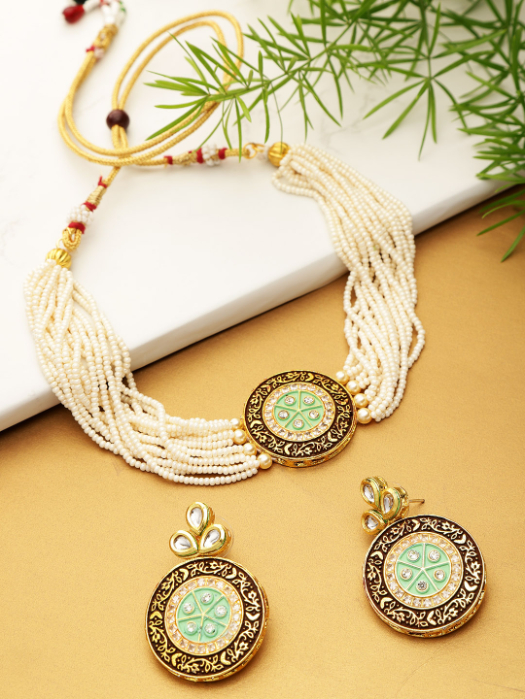 YouBella Green  Brown Gold-Plated Beaded Enamelled Handcrafted Jewellery Set