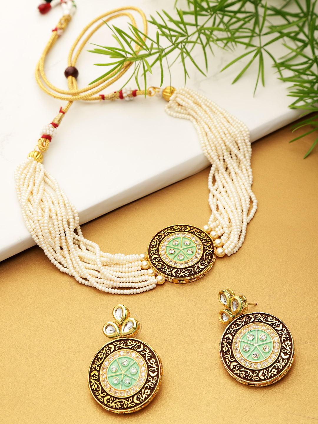 YouBella Green  Brown Gold-Plated Beaded Enamelled Handcrafted Jewellery Set