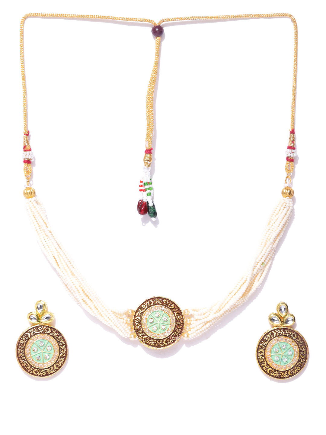 YouBella Green  Brown Gold-Plated Beaded Enamelled Handcrafted Jewellery Set