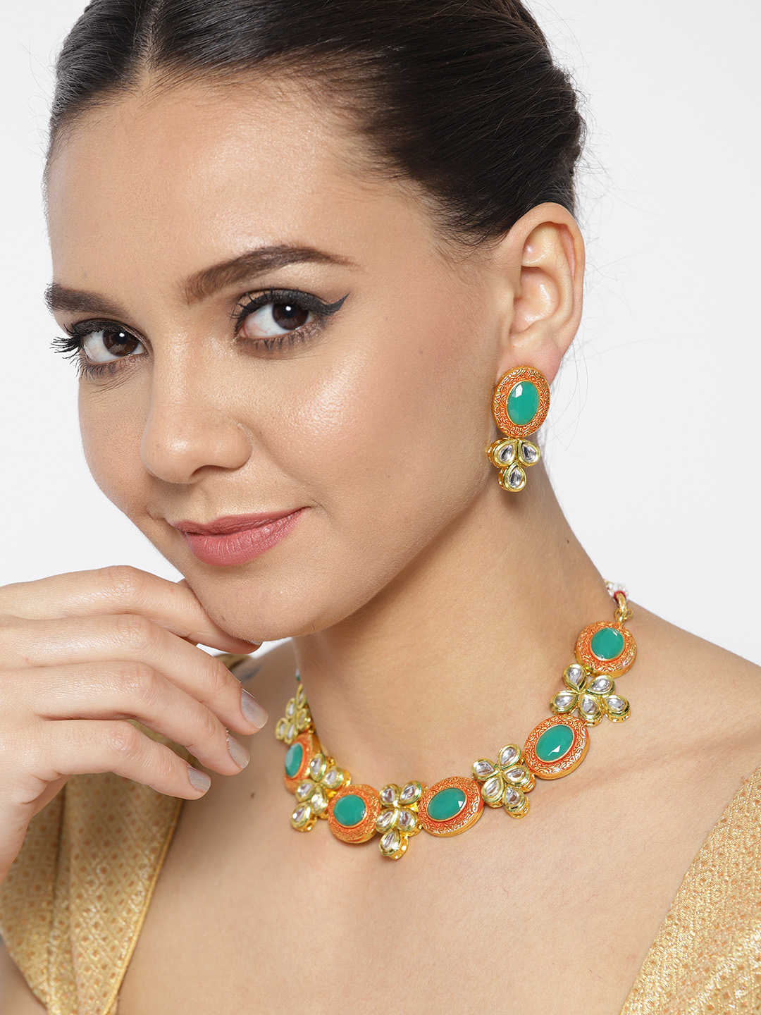YouBella Green  Red Gold-Plated Stone-Studded Handcrafted Jewellery Set