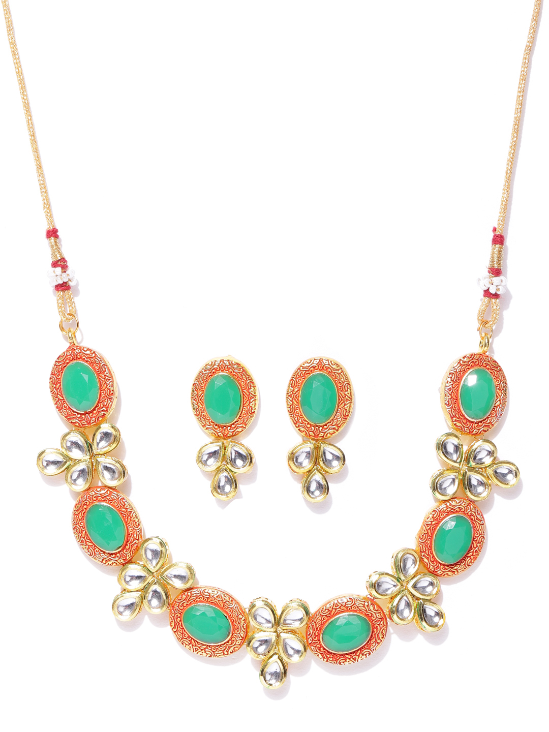 YouBella Green  Red Gold-Plated Stone-Studded Handcrafted Jewellery Set