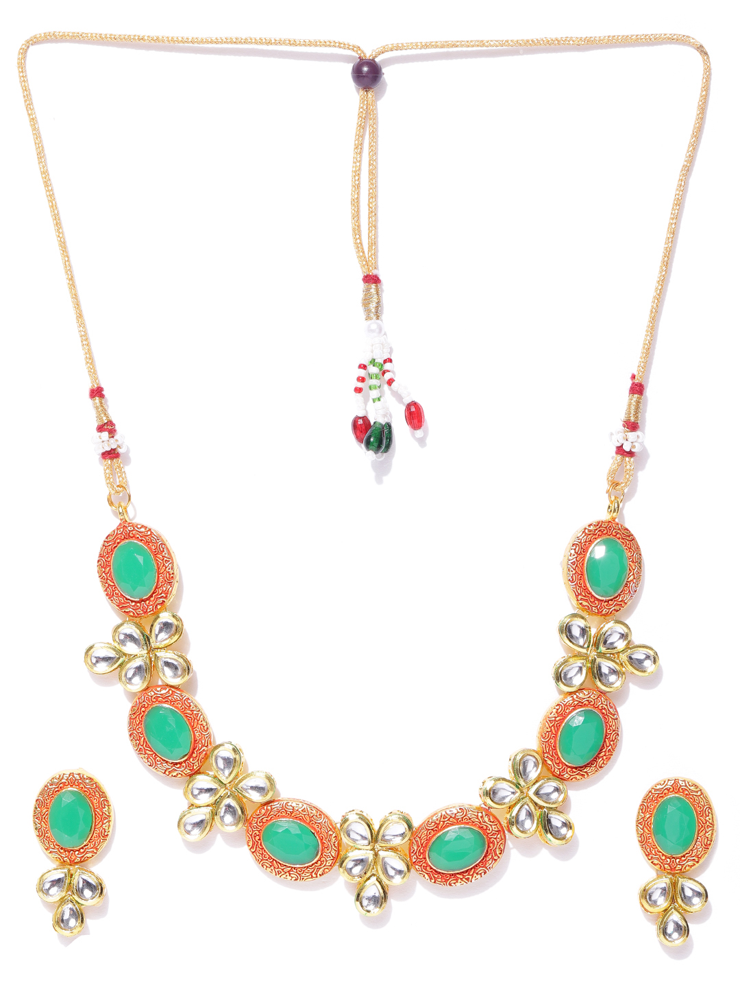 YouBella Green  Red Gold-Plated Stone-Studded Handcrafted Jewellery Set