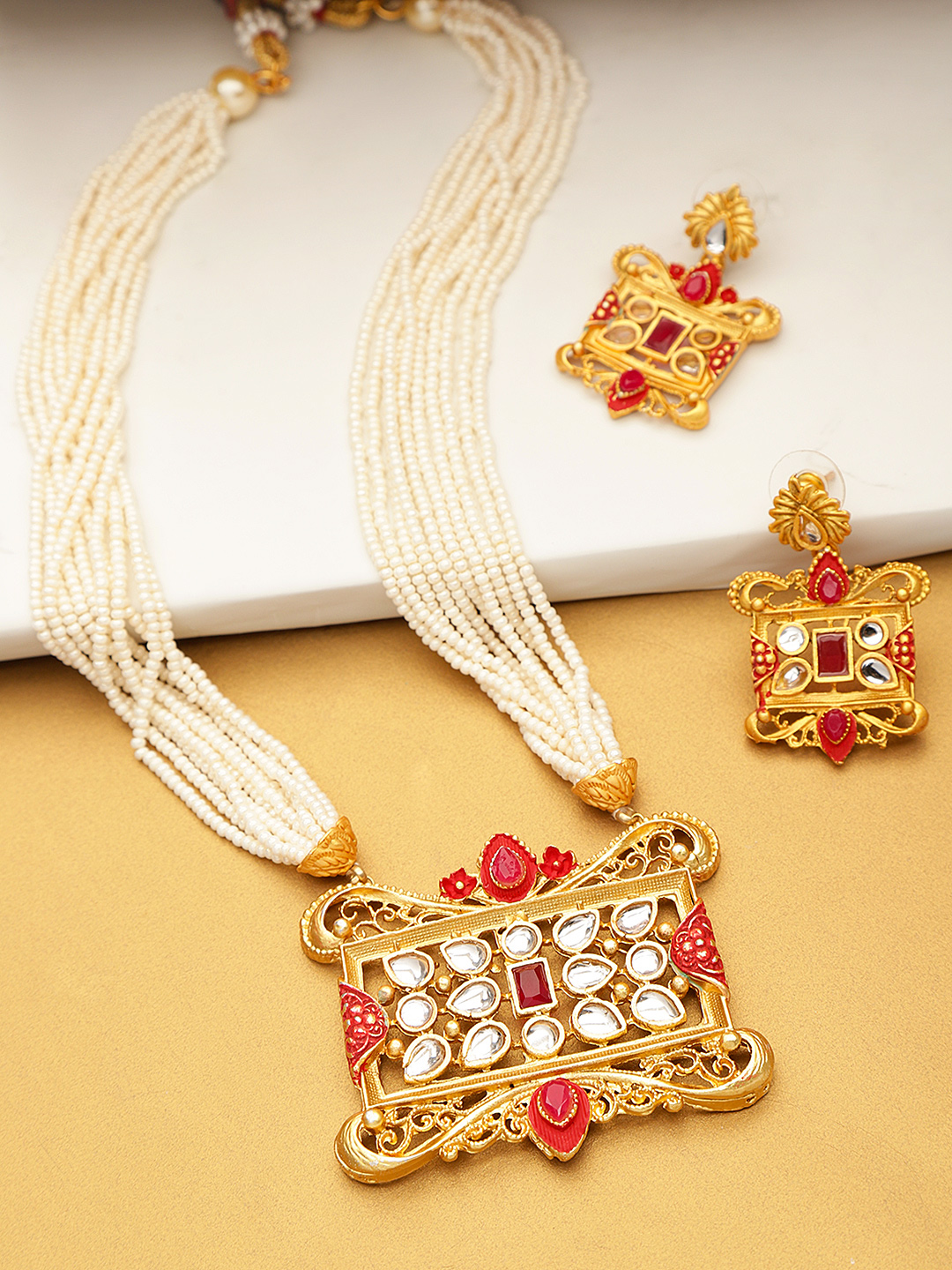 YouBella Off-White  Red Gold-Plated Beaded Enamelled Handcrafted Jewellery Set