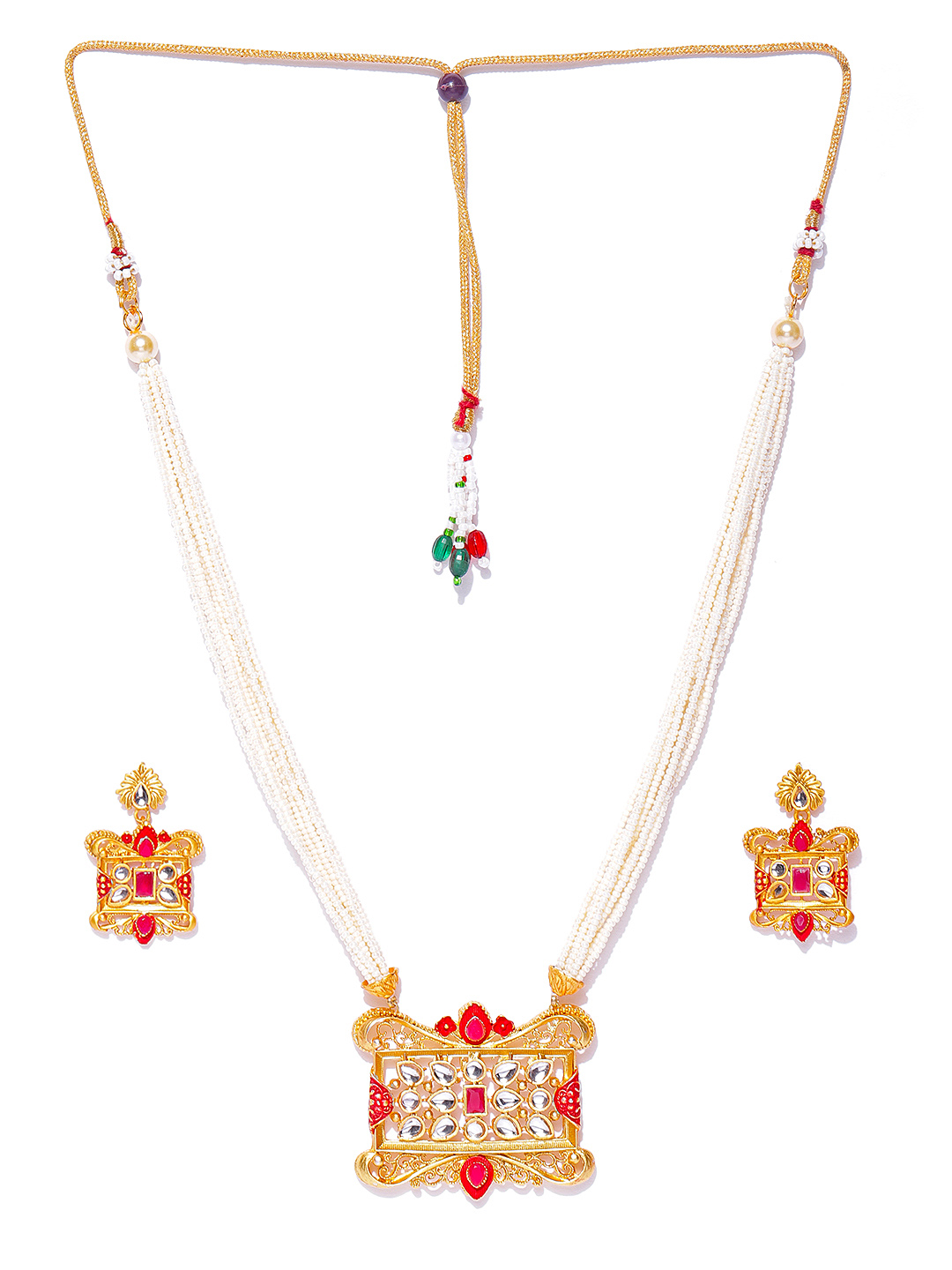 YouBella Off-White  Red Gold-Plated Beaded Enamelled Handcrafted Jewellery Set