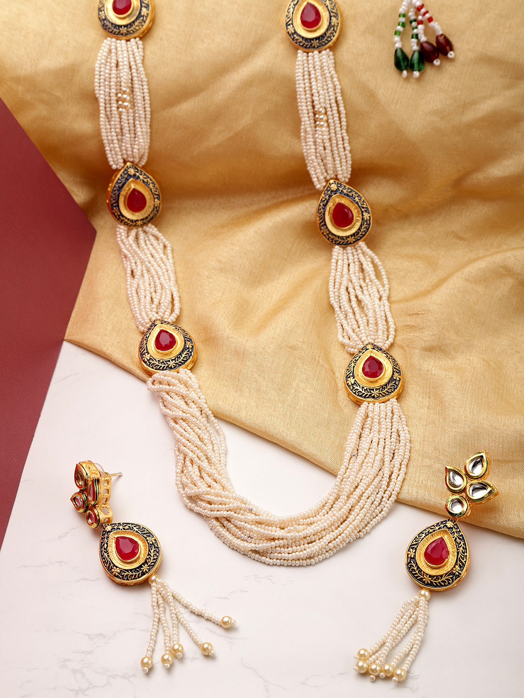 YouBella Off-White  Pink Gold-Plated Beaded Enamelled Handcrafted Jewellery Set