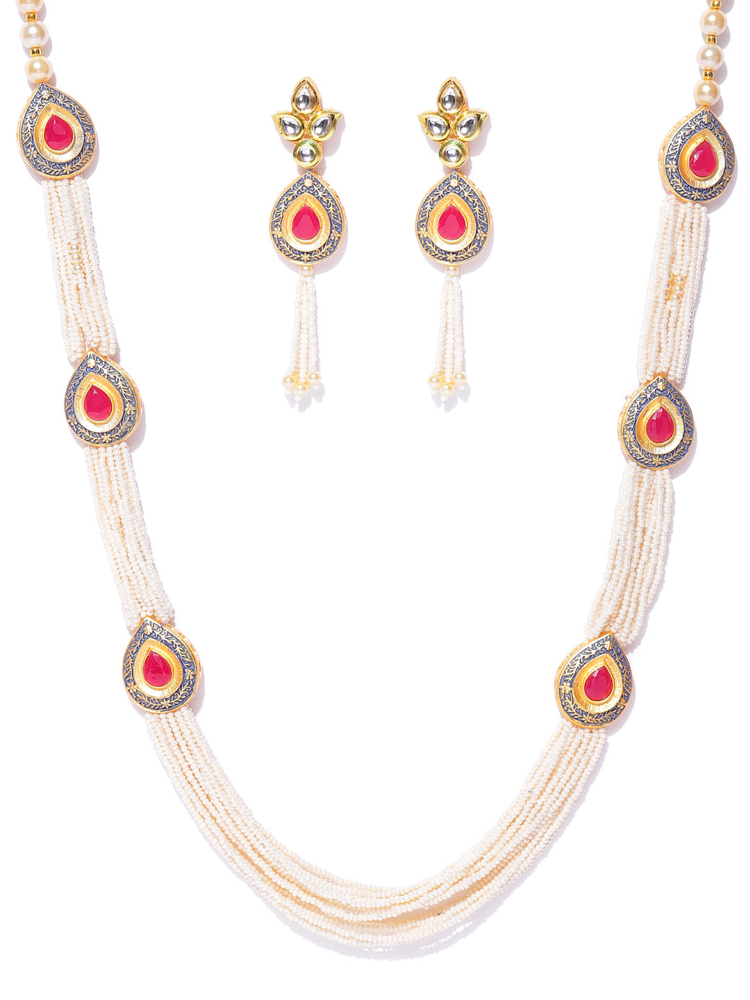 YouBella Off-White  Pink Gold-Plated Beaded Enamelled Handcrafted Jewellery Set
