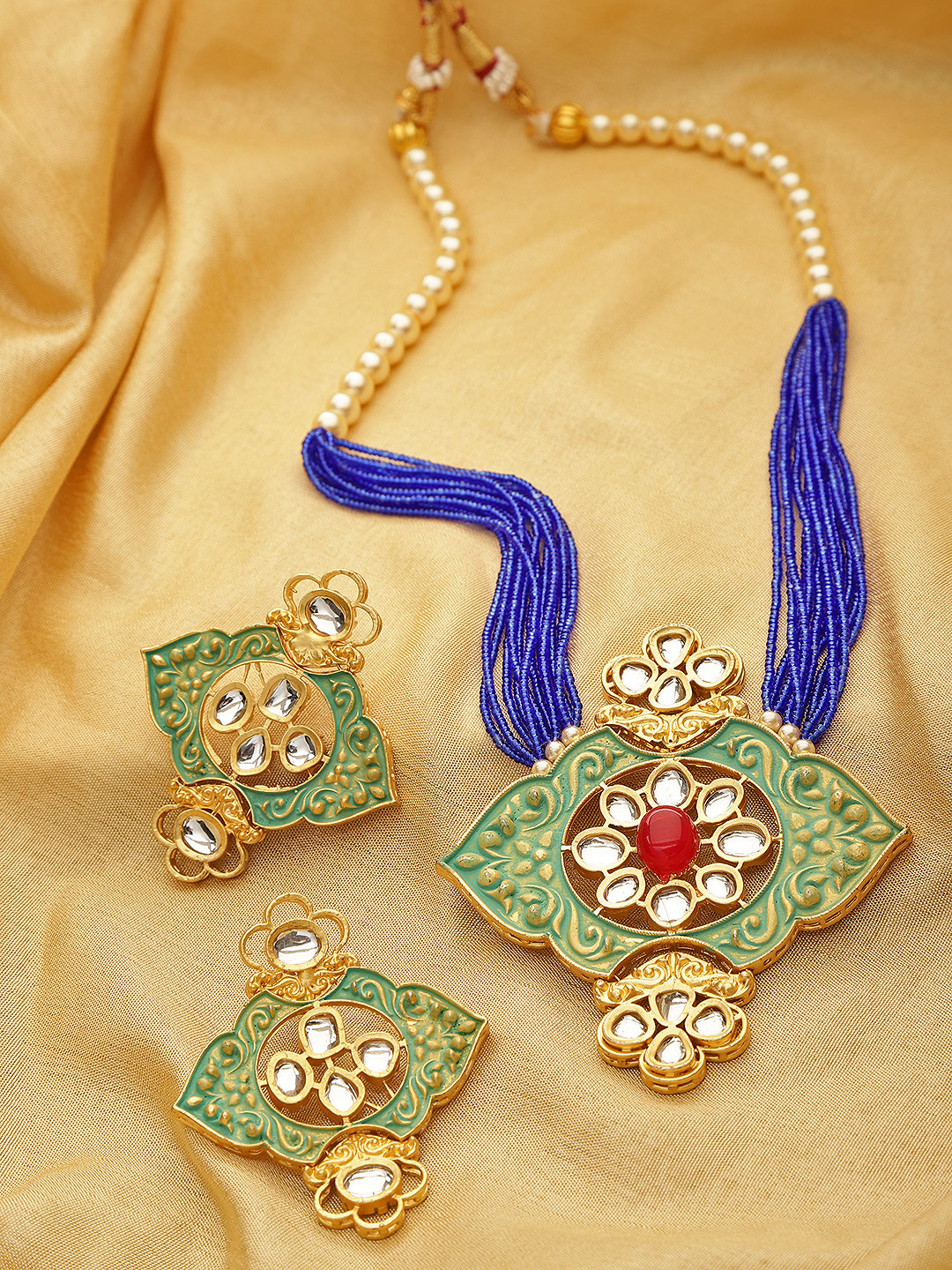 YouBella Green  Blue Gold-Plated Beaded Enamelled Handcrafted Jewellery Set