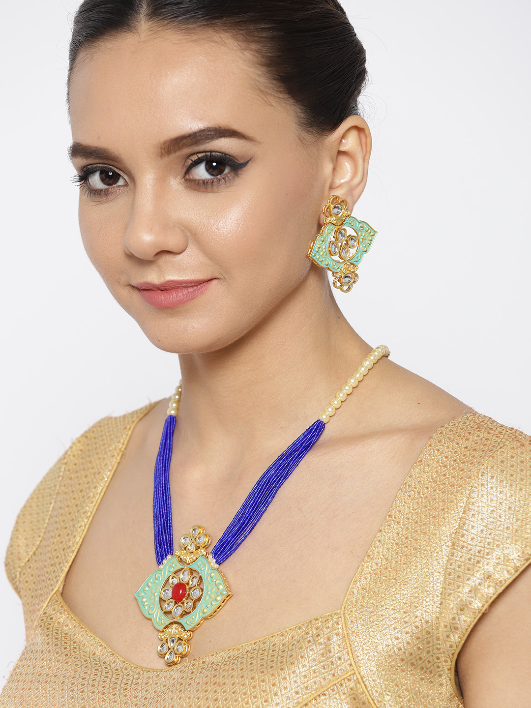 YouBella Green  Blue Gold-Plated Beaded Enamelled Handcrafted Jewellery Set