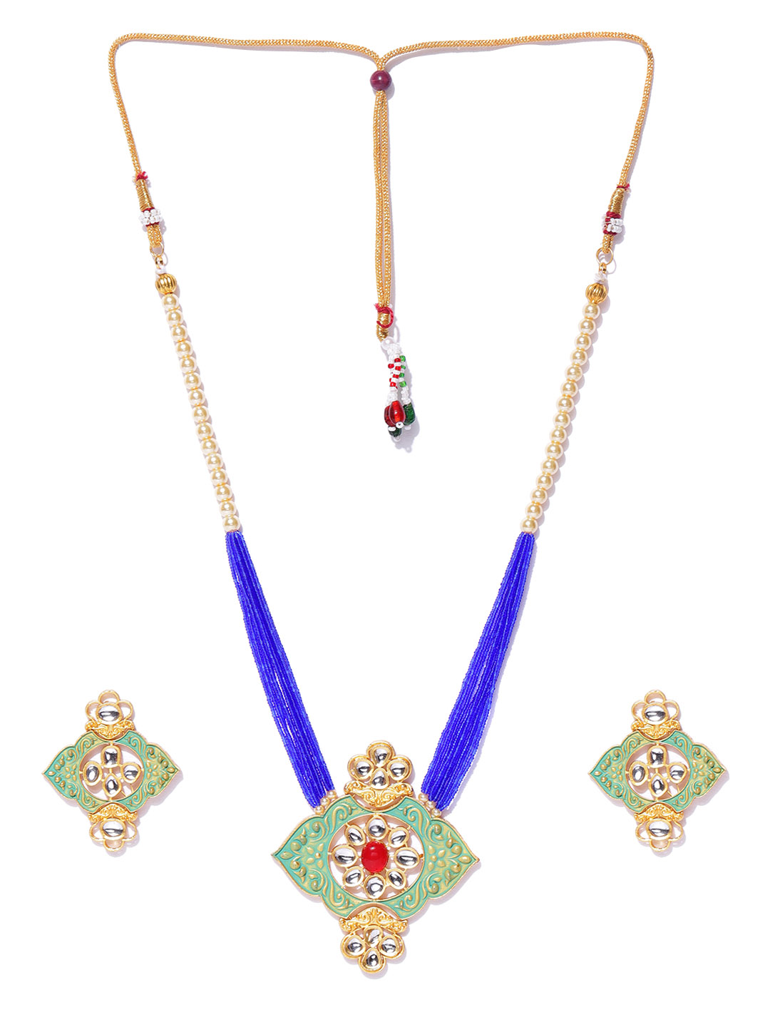 YouBella Green  Blue Gold-Plated Beaded Enamelled Handcrafted Jewellery Set