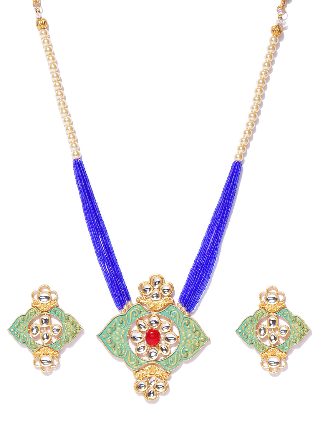 YouBella Green  Blue Gold-Plated Beaded Enamelled Handcrafted Jewellery Set