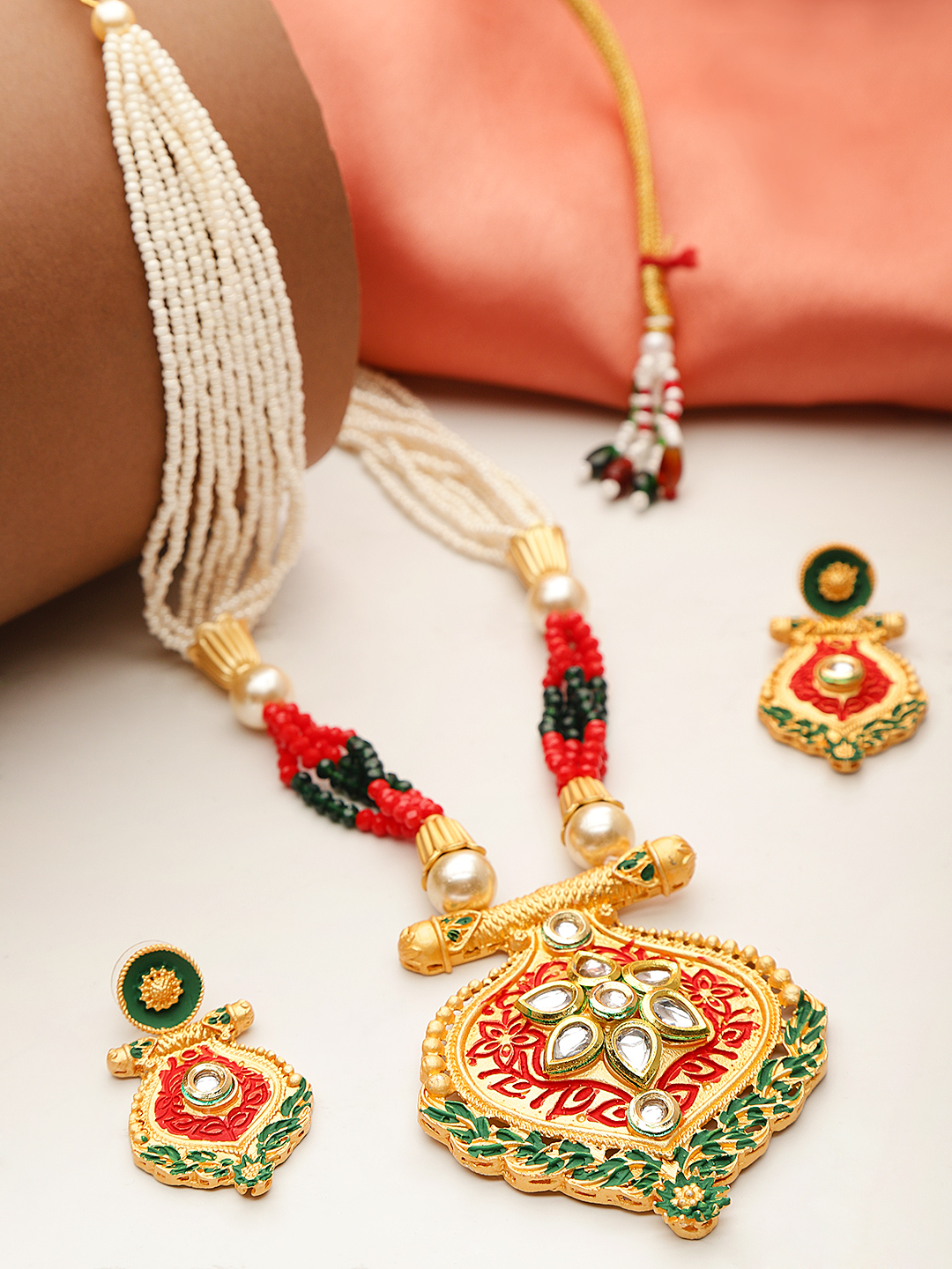 YouBella Off-White  Red Gold-Plated Beaded Enamelled Handcrafted Jewellery Set
