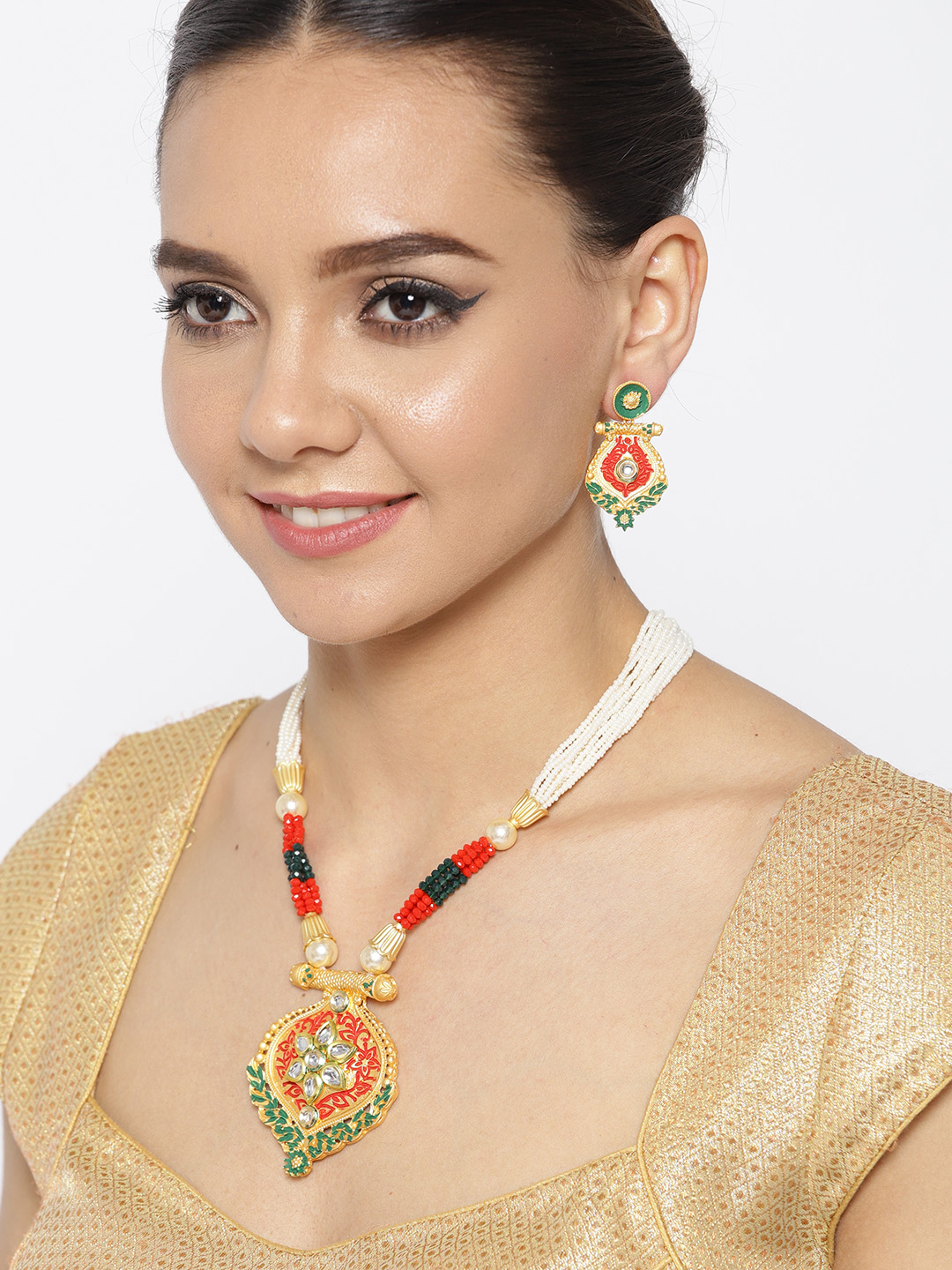 YouBella Off-White  Red Gold-Plated Beaded Enamelled Handcrafted Jewellery Set