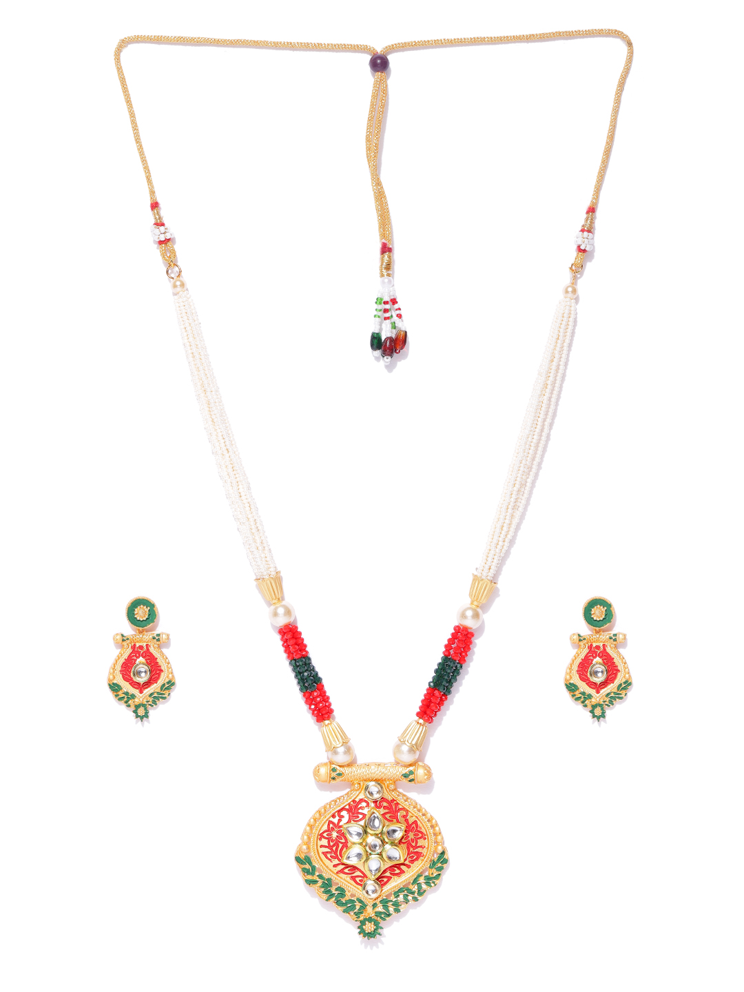 YouBella Off-White  Red Gold-Plated Beaded Enamelled Handcrafted Jewellery Set